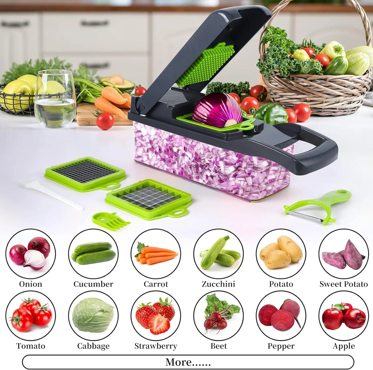 Multifunctional 14 /16 in 1 Food Chopper, Kitchen Vegetable Slicer Dicer Cutter With 8 Blades, Onion Chopper With Container Stainless Steel Utensils