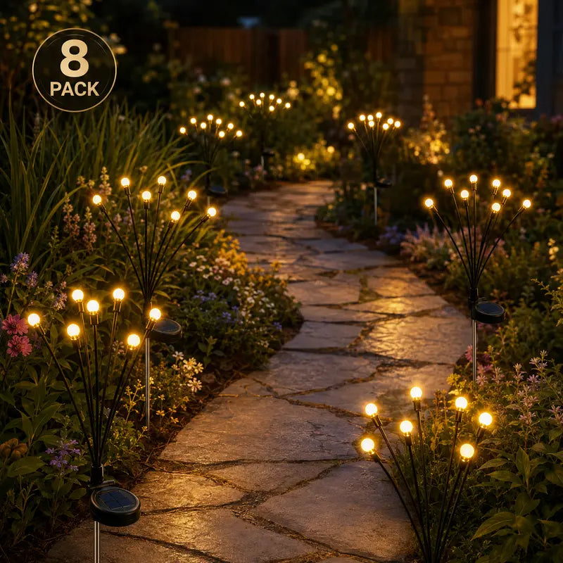 Outdoor Solar Firefly Lights, 4/8 Pack Waterproof Garden Stake Lights with Auto Dusk-to-Dawn Glow, 32/64 LED Bulbs for Yard, Patio, Pathway, Walkway & Landscape Decor