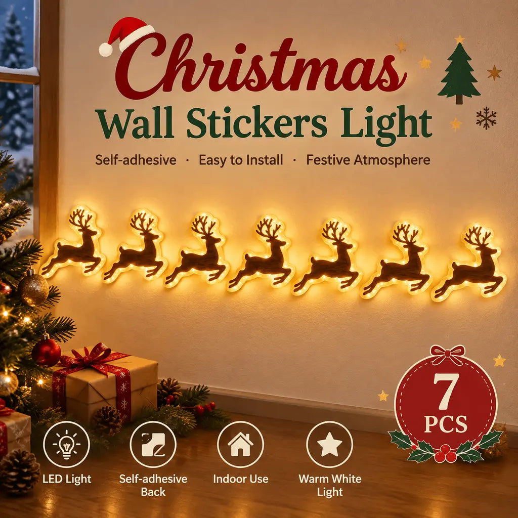 Christmas Reindeer & Santa’s Sleigh Wall Decal Light – Multicolor LED Holiday Decor