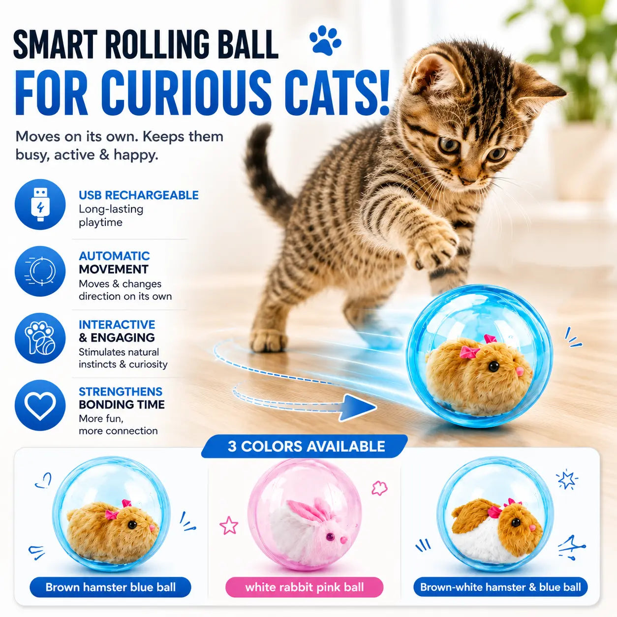 Boredom Buster Smart Cat Toy  USB Rechargeable Auto-Rolling Ball with Mouse Hands-Free Play for Indoor Cats