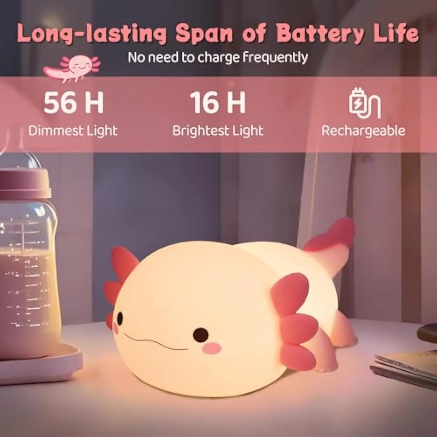 Cute Axolotl Silicone Night Light – Soft Tap-Control LED Lamp for Kids, Bedroom Decor & Gift