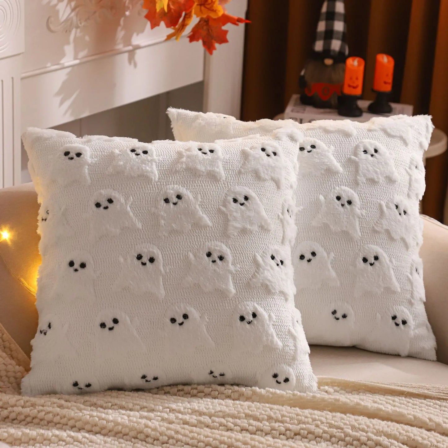 Embroidered Pumpkin Halloween Pillow Cover – Soft Faux Wool Farmhouse Decor