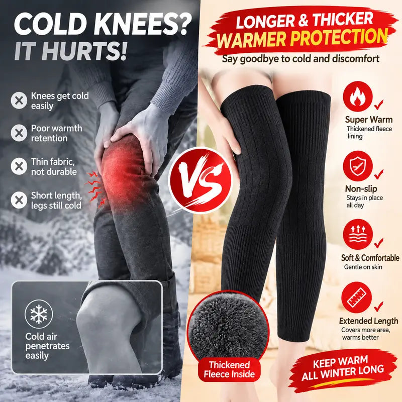 Thick Wool-Lined Thermal Long Knee Compression Sleeves – Non-Slip Winter Joint Support