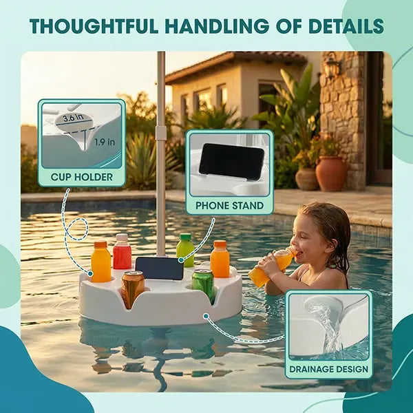 Floating Pool Umbrella with Bar Base: Portable Table with Cup Holder & Phone Stand