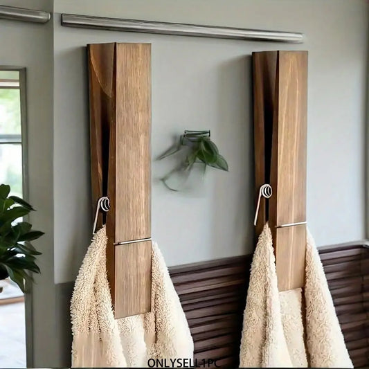 Vintage Wooden Wall-Mounted Towel Rack with Industrial Clip Clamp, Farmhouse Bathroom Storage Decor & Home Gift