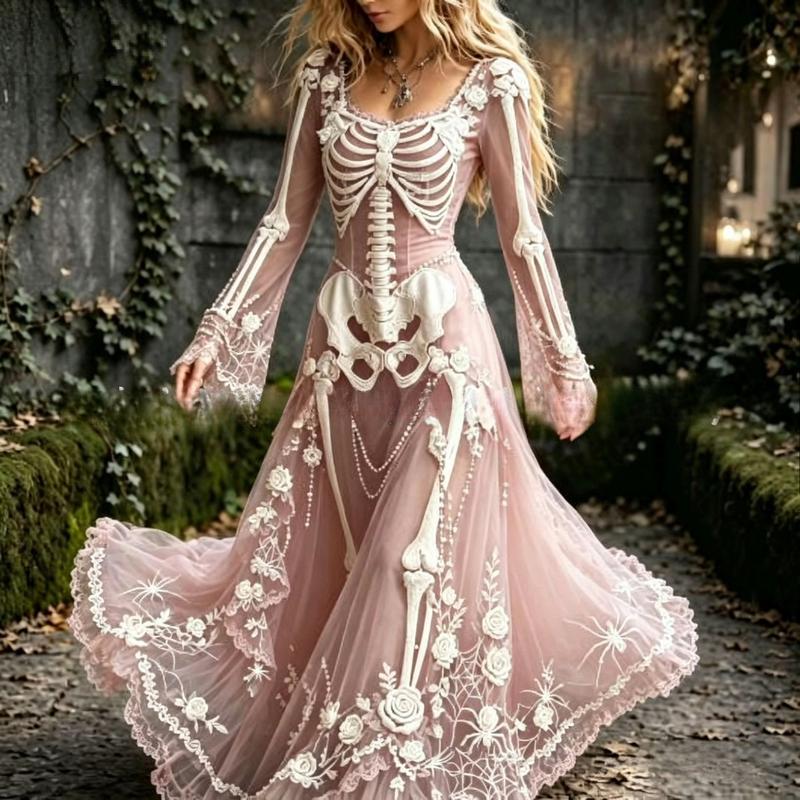 Women's Autumn Vintage Court Style Horn-Sleeve High-Waist Dress for Halloween