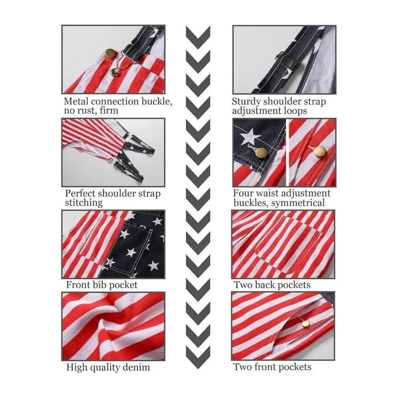 Men's and Women's American Flag Denim Overalls Stretch Shorts, Patriotic, Merica Menswear Suits Sleeveless, Parents' Day Romper Summer Menswear
