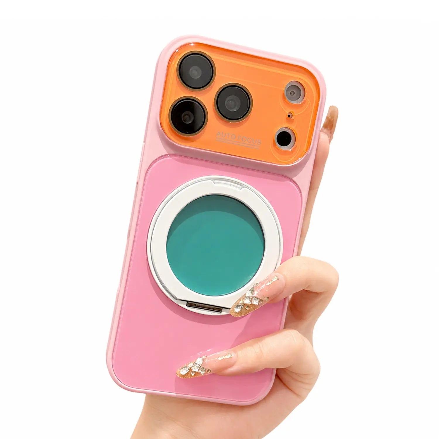 Funda Magnética Brillante con Bloques de Color Dopamina para iPhone 17 Pro Max – Soporte de Anillo Giratorio 360° y Cubierta MagSafe