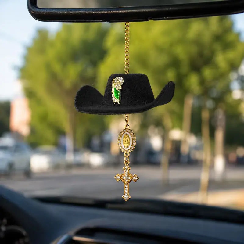 Handmade St. Jude Black Sombrero Car Blessing Charm – Faith Protection Rearview Mirror Ornament