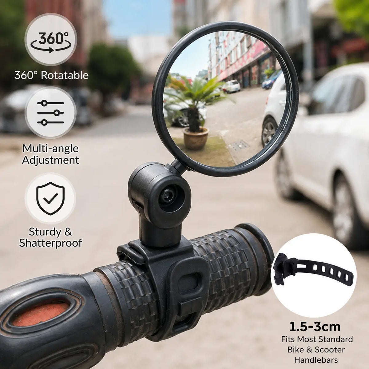 Adjustable Convex Bicycle Rearview Mirror – Shatterproof Clear Handlebar Mirror (1.5-3cm)