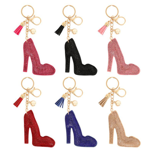 High Heels Rhinestone Tassel Keychain - Pink Glitter Shoe Charm with Gold Tone Hardware