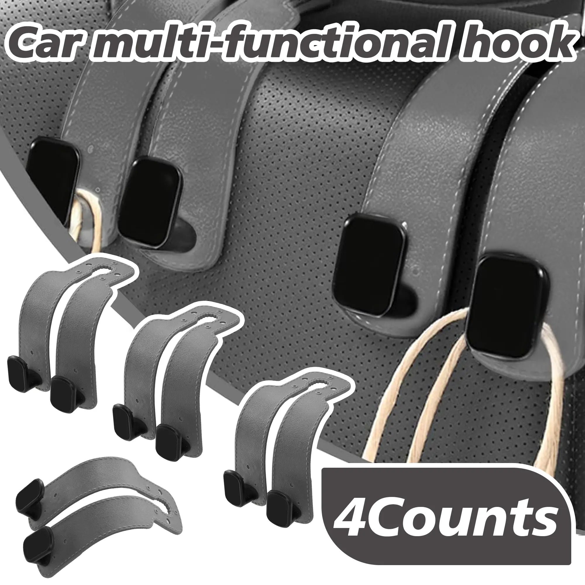 4PCS Faux Leather Car Headrest Hooks: Double-Hook Organizer for Bags & Essentials