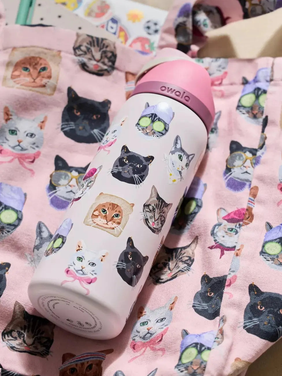 Botella de Agua Aislada de Acero Inoxidable de 32 oz con Pajita y Collage de Gatos Tiernos