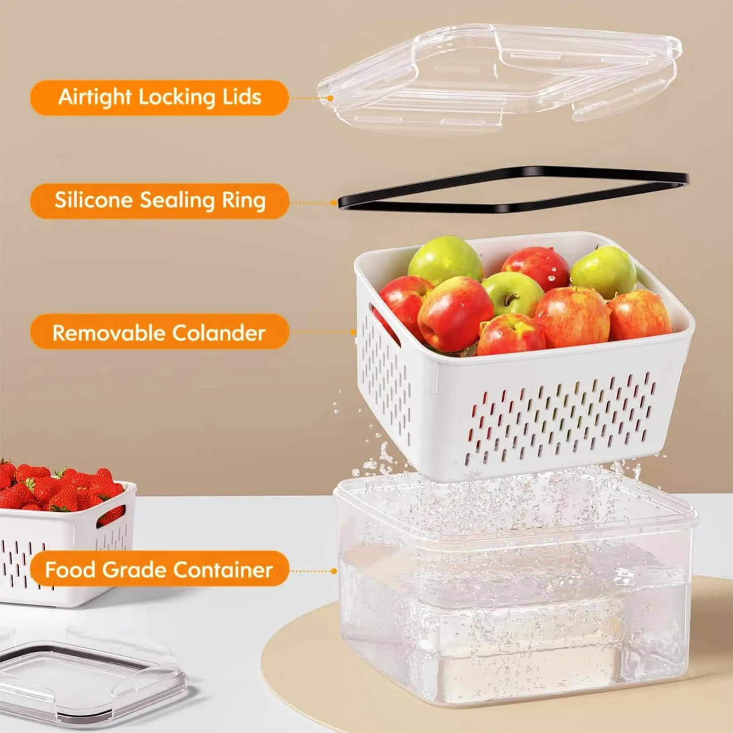 5PCS Fridge Organizer Set with Drain Basket – Stackable Produce Storage Containers for Fruits, Vegetables & Meal Prep