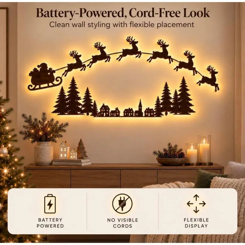 Christmas Reindeer & Santa’s Sleigh Wall Decal Light – Multicolor LED Holiday Decor
