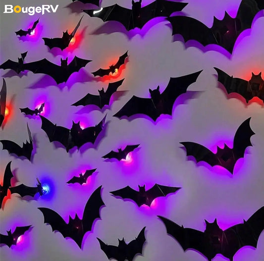 BougeRV 3D Bat Light Design LED Decorations 12pcs/24pcs Set Spooky Ornaments for Home Party Festival Halloween Easy Install Wall Stickers Smooth Application - Decorative