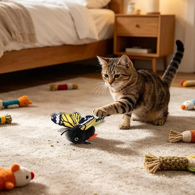 Interactive Electric Butterfly Cat Toy, 3 Smart Flying Modes, USB Rechargeable Hanging Teaser Toy with Washable Cover for Indoor Cats