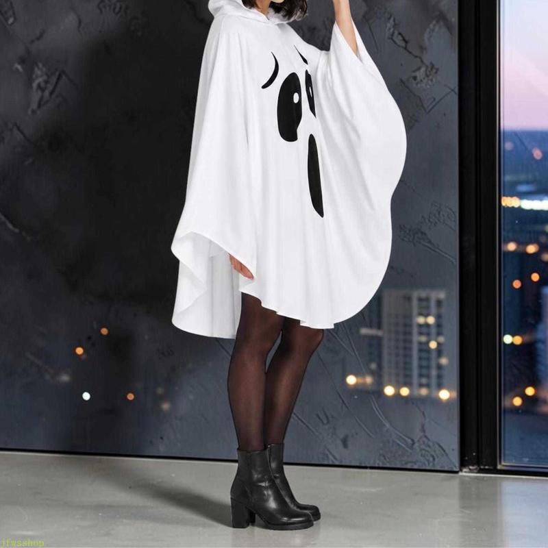 Adult White Hooded Ghost Cape – Soft Loose-Fit Halloween Poncho Costume