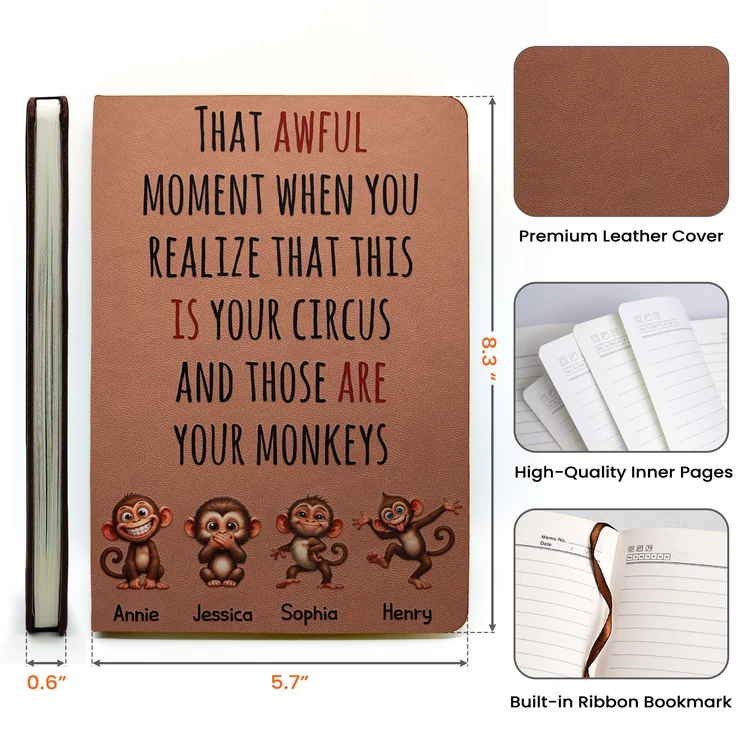 Personalized Leather Journal, Your Circus Quote and Playful Monkeys, Creative Gift for Boss or Friend - 4