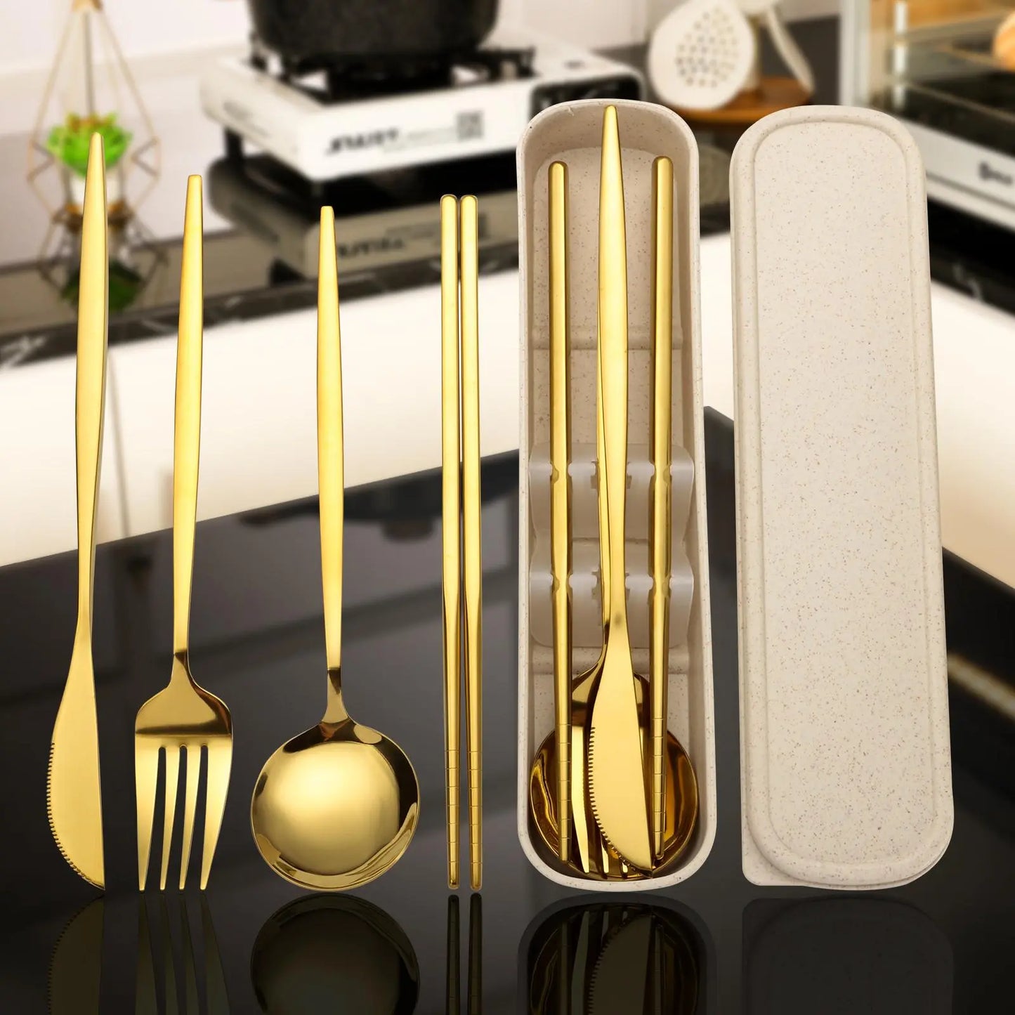 4-Piece Gold Titanium Stainless Steel Cutlery Set with Case – Portable Reusable Utensils for Travel & Office