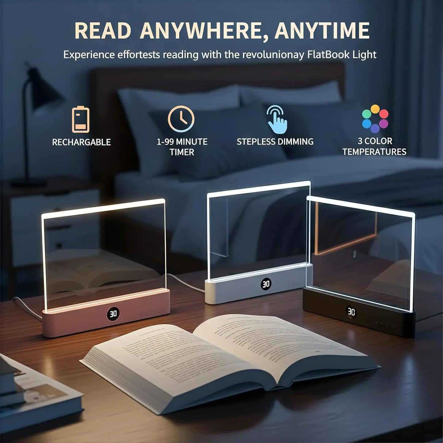 LED Reading Light Panel – Rechargeable Eye-Caring Book Light with Timer