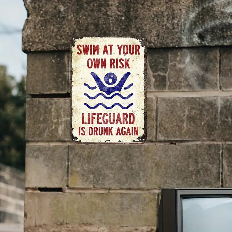 Vintage "Swim at Your Own Risk, Lifeguard Is Relaxed Again" Warning Sign |   Rustic Wooden Pool Safety Decor |   Durable Fiberboard Construction |   Humorous Wall Art for Pool, Spa & Patio |   Pre-Drilled Holes for Easy Hanging