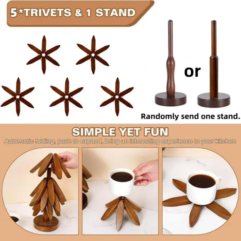 Foldable Walnut Wood Trivet Set – 5 Heat Resistant Coasters with Tree Stand