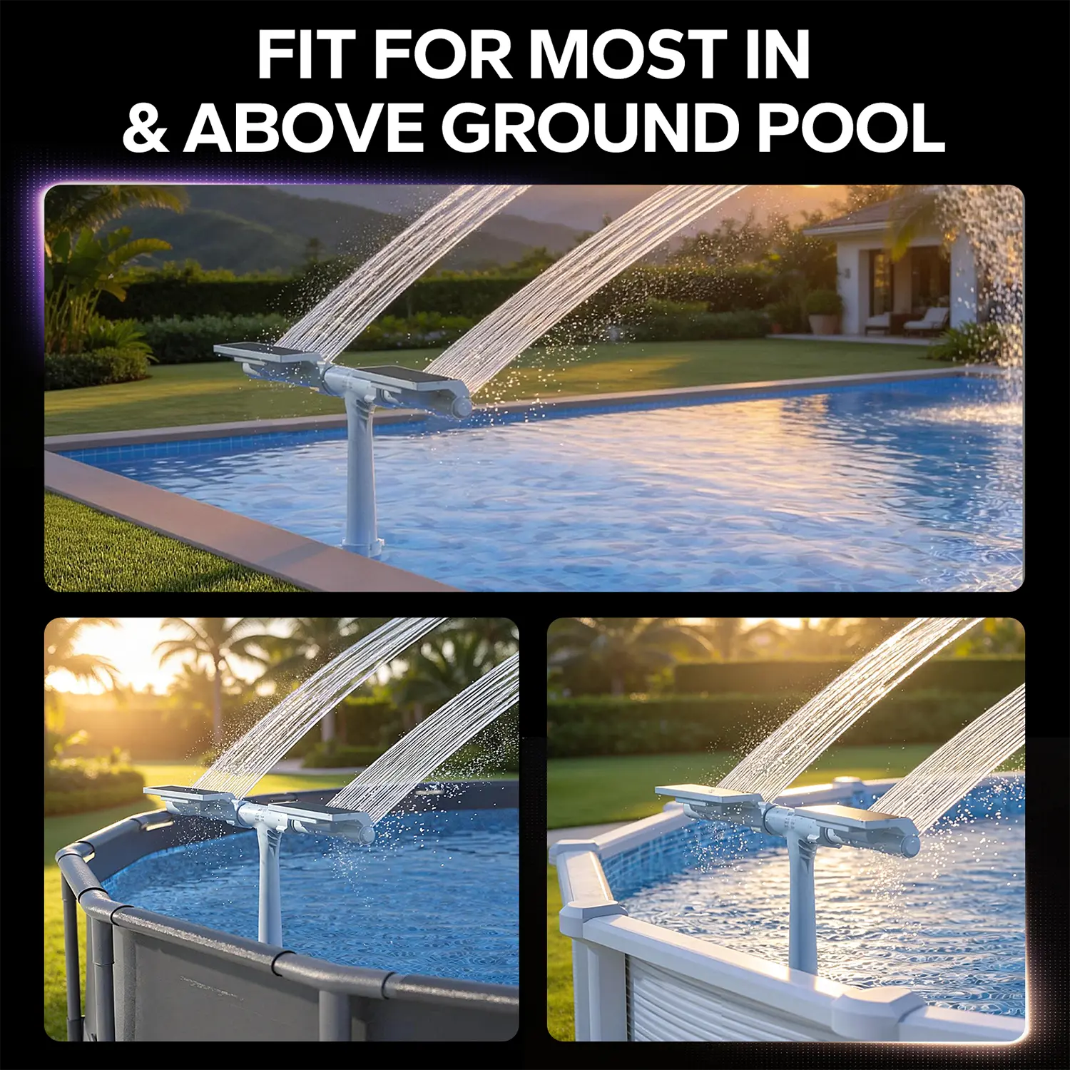 Fontaine solaire de piscine avec lumières à détection automatique et télécommande | Double pulvérisation, arroseur réglable pour piscines hors sol/enterrées