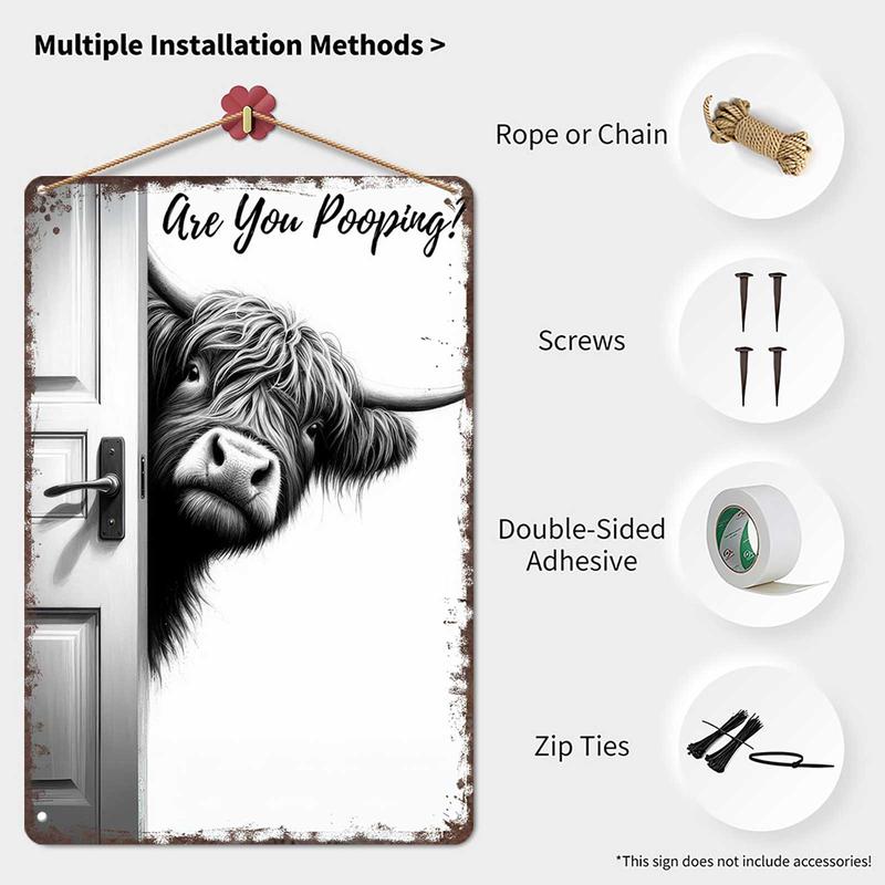 Vintage Highland Cow Aluminum Sign: Funny "Are You Pooping?" Black and White Bathroom Wall Decor for Western & Highland Cow Lovers 8 x 12 Inch Decorative Plaque