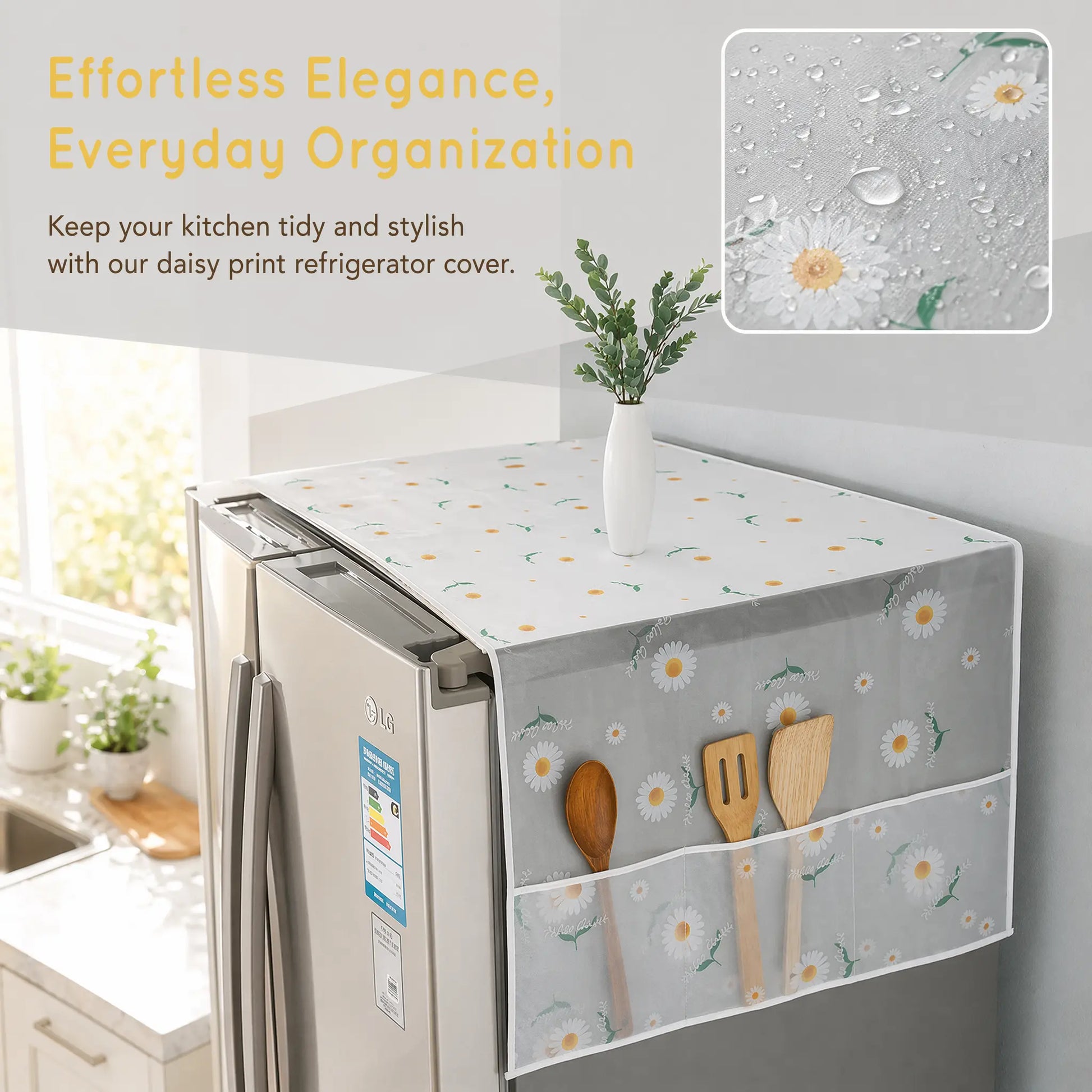 Daisy Print Refrigerator Dust Cover with Storage Pockets Multi Functional Waterproof Fridge Top Protector Household Kitchen Appliance Dust Proof Cover 1 Pack
