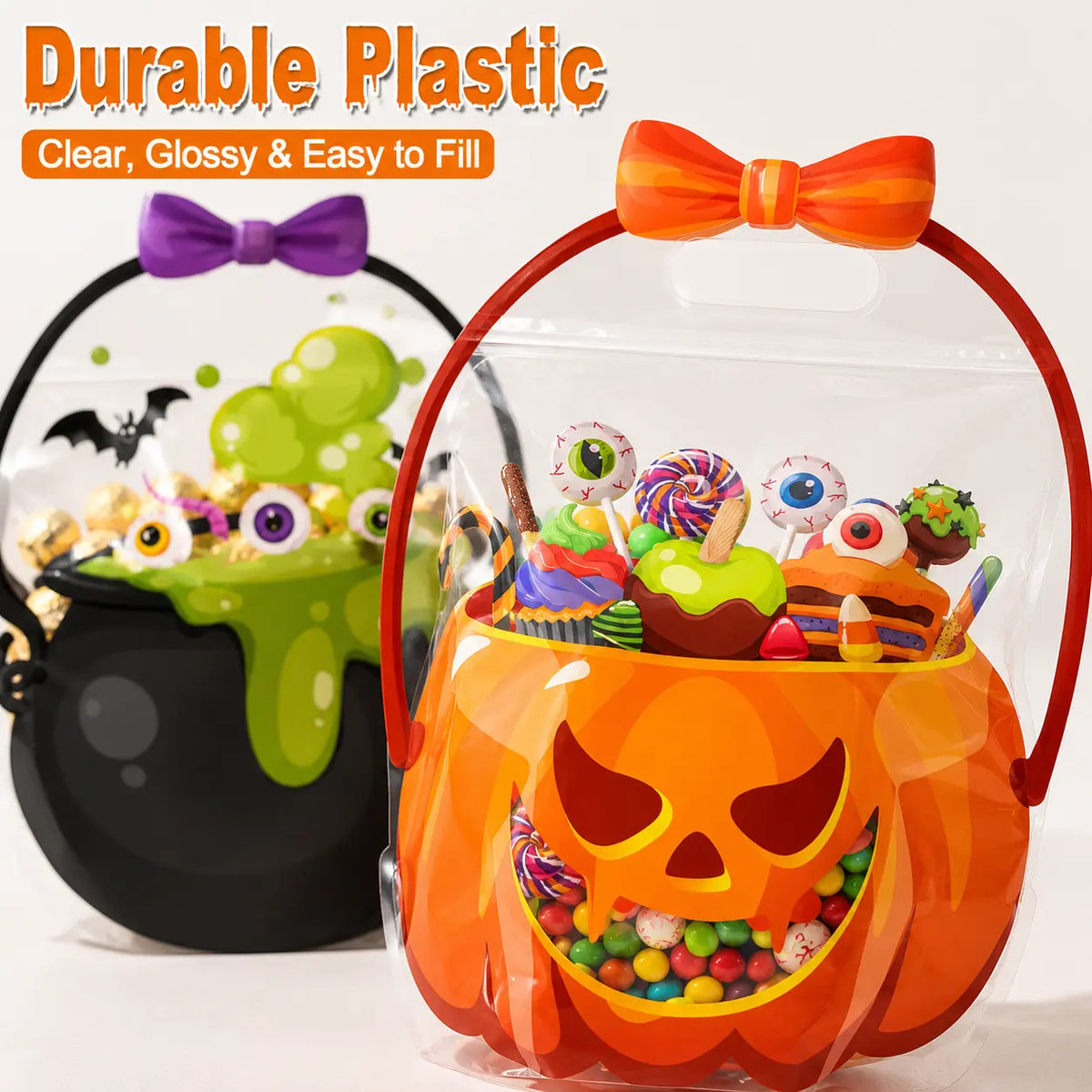 12-60 Pcs Halloween Plastic Goodie Bags – Trick or Treat Candy Bags with Pumpkin & Skull Patterns