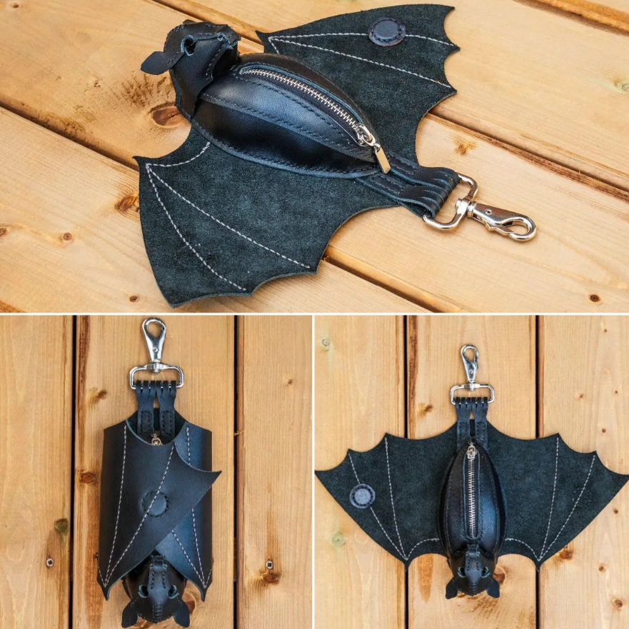 Bat Wing Leather Keychain Pouch – Gothic Coin Purse Holder, Mini Wallet Key Ring Accessory