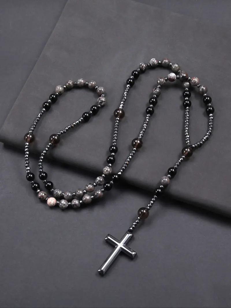 Eclat Mystique Natural Obsidian Yooperlite Rosary Necklace UV Reactive Protection Necklace Hematite Stone Cross Pendant Necklace Gift for her, gift for him
