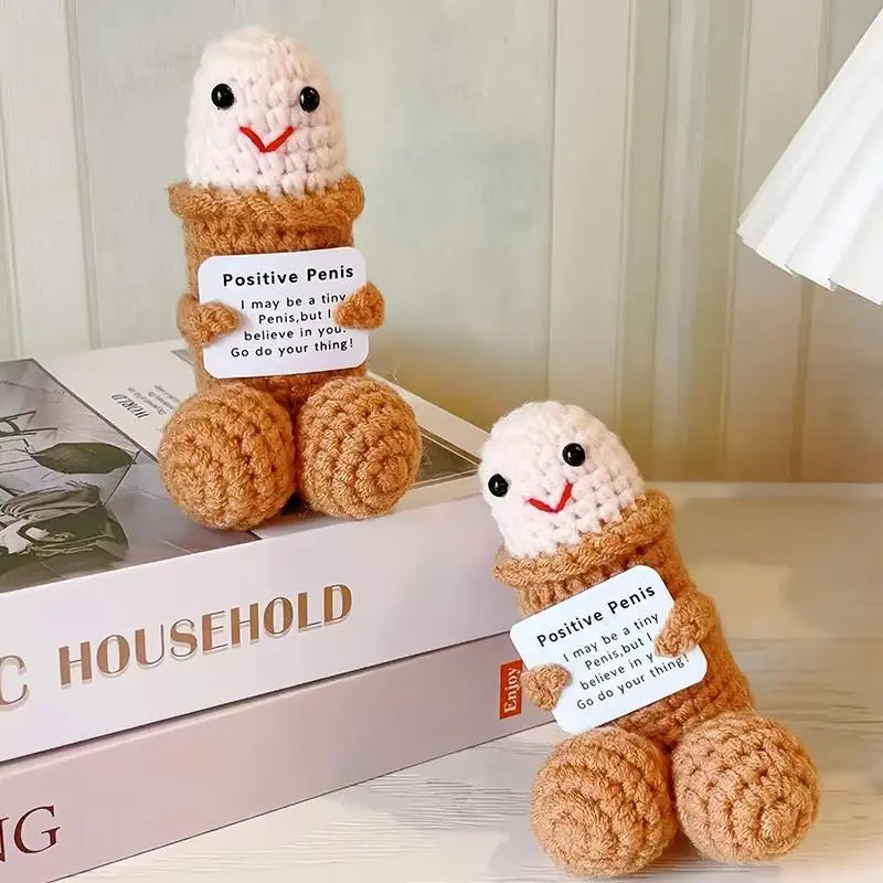 Funny Emotional Support Crochet Doll with Encouragement Card – Cute Knitted Desktop Decor & Inspirational Gift