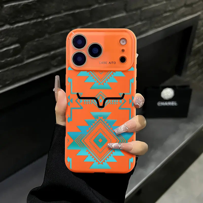Aesthetic Western Aztec Turquoise Bull Head Phone Case for iPhone 17 Pro Max – Southwestern Tribal Shockproof Protective Cover