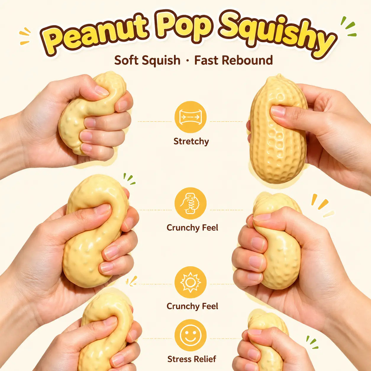 Crunchy Sound Peanut Squishy Toy, Soft Sensory Stress Relief Fidget Toy for Teens, Adults, Desk Relaxation & Party Gifts