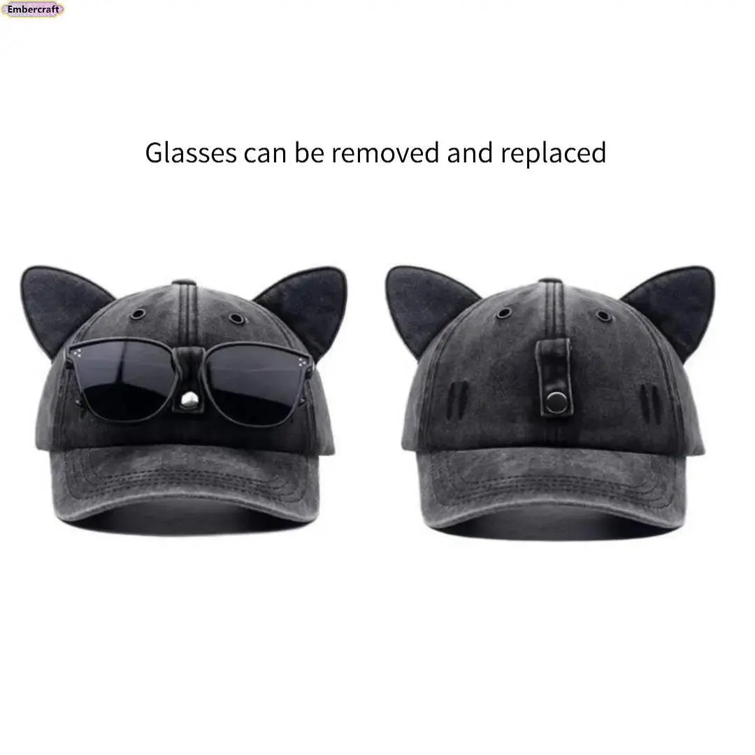 Y2K Cat Ear Trucker Hat with Detachable Sunglasses
