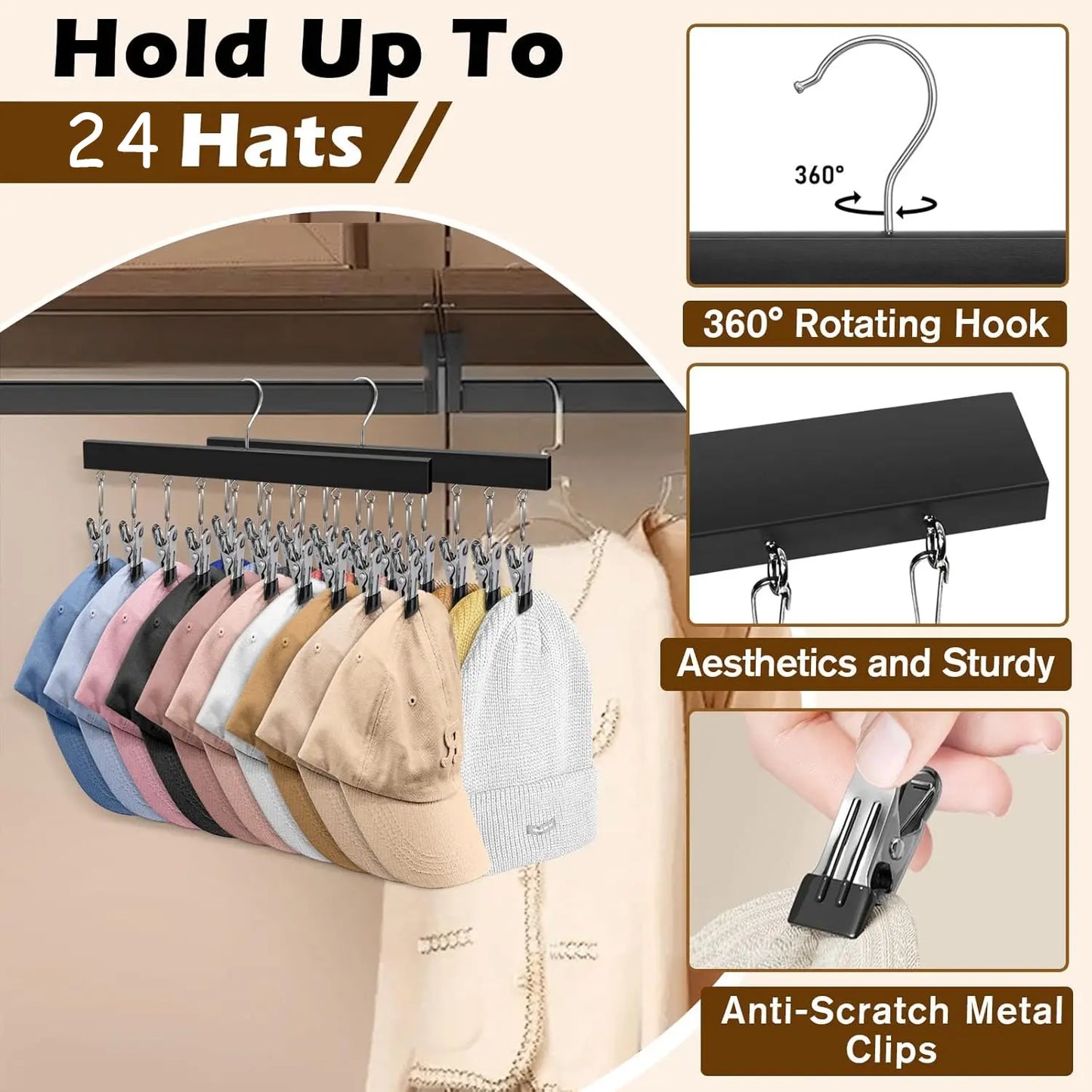 Wooden Hat Organizer with 12 Stainless Steel Clips - Multi Hanger for Baseball Caps