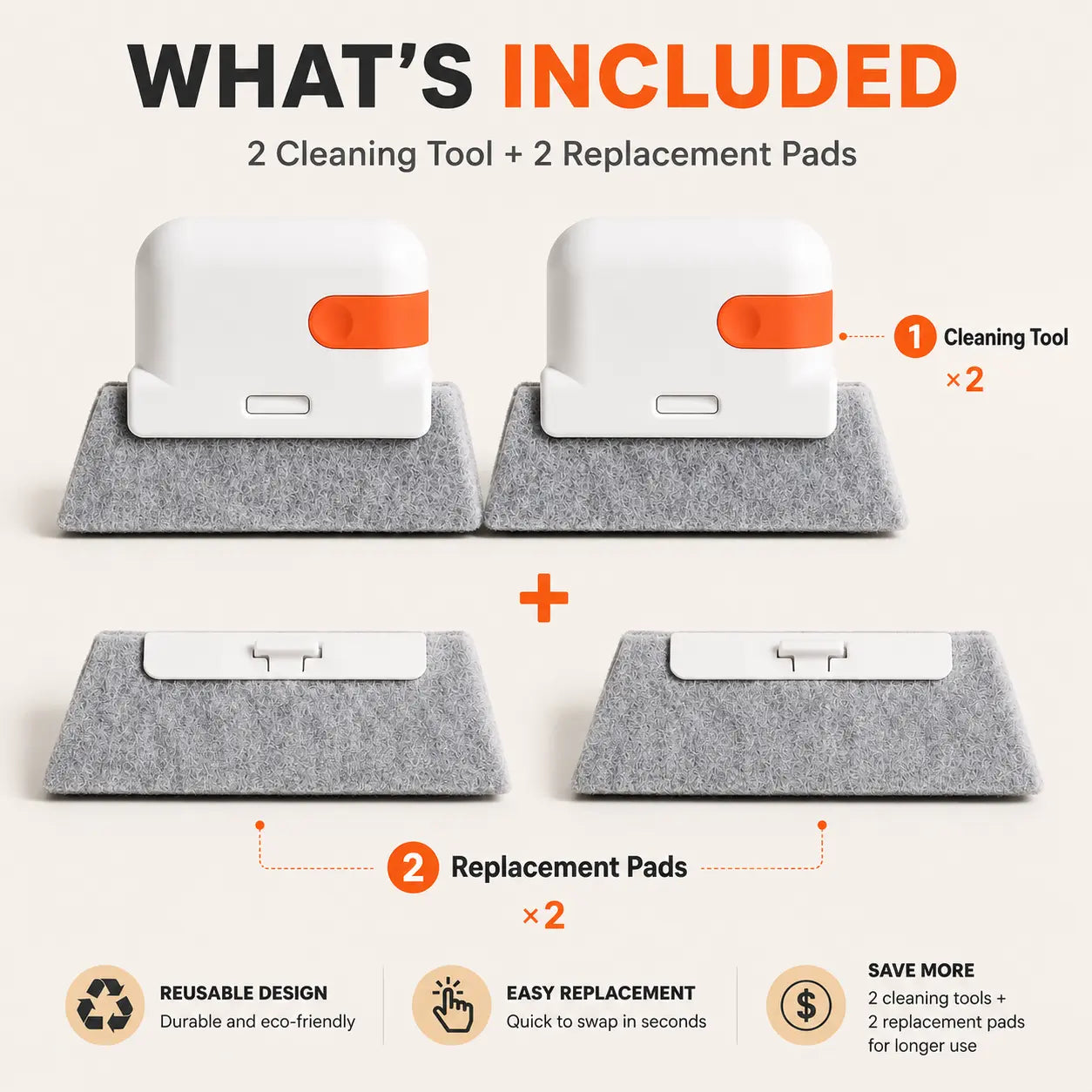 2-in-1 Window Track Cleaner Tool Kit with Built-in Scraper & 2 Replacement Pads