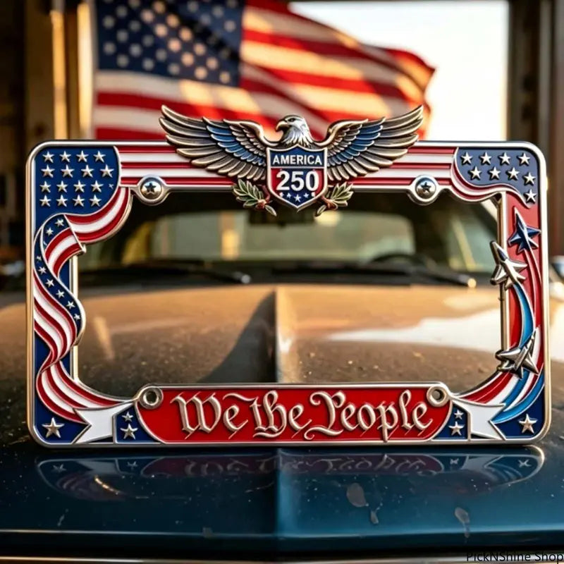 2PCS Heavy-Duty Aluminum 250th Anniversary American Flag License Plate Frame - Front License Plate Cover, We The People Car Tag Holder, Patriotic Auto Decor Car Accessories For Men, July 4th Truck Gear