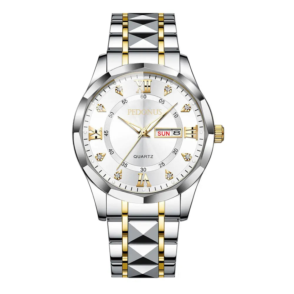 Men's Business Luminous Quartz Watch – Stainless Steel Gold-Accent Band & Blue Day/Date Dial