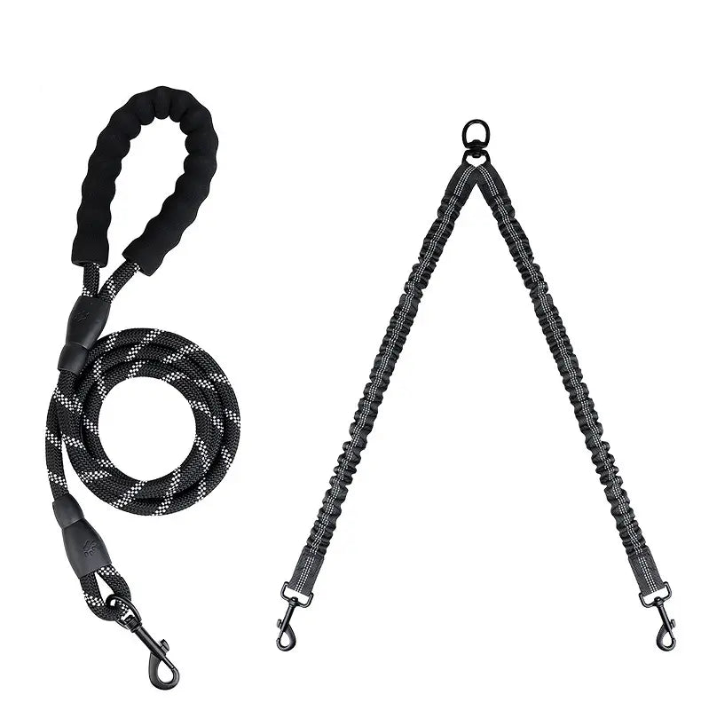 360° No-Tangle Double Dog Leash – Shock-Absorbing Bungee for Two Dogs