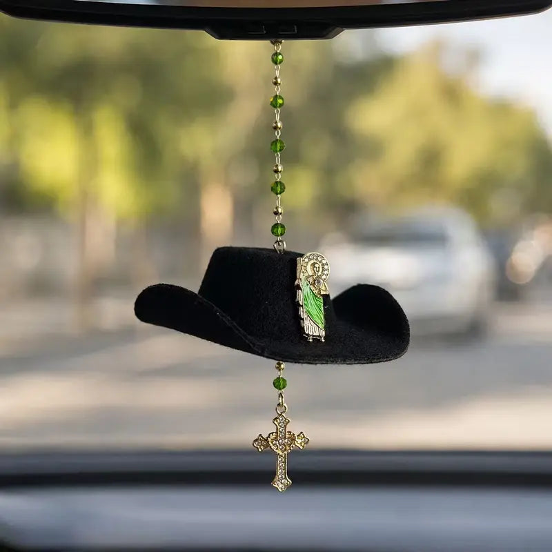 Handmade St. Jude Black Sombrero Car Blessing Charm – Faith Protection Rearview Mirror Ornament