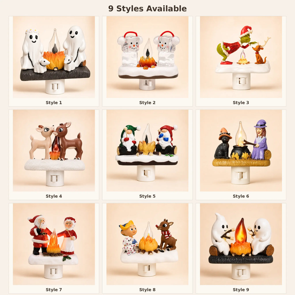 3D Flickering Campfire Plug-In LED Night Light – Cute Halloween & Christmas Resin Holiday Decoration