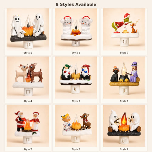 3D Flickering Campfire Plug-In LED Night Light – Cute Halloween & Christmas Resin Holiday Decoration