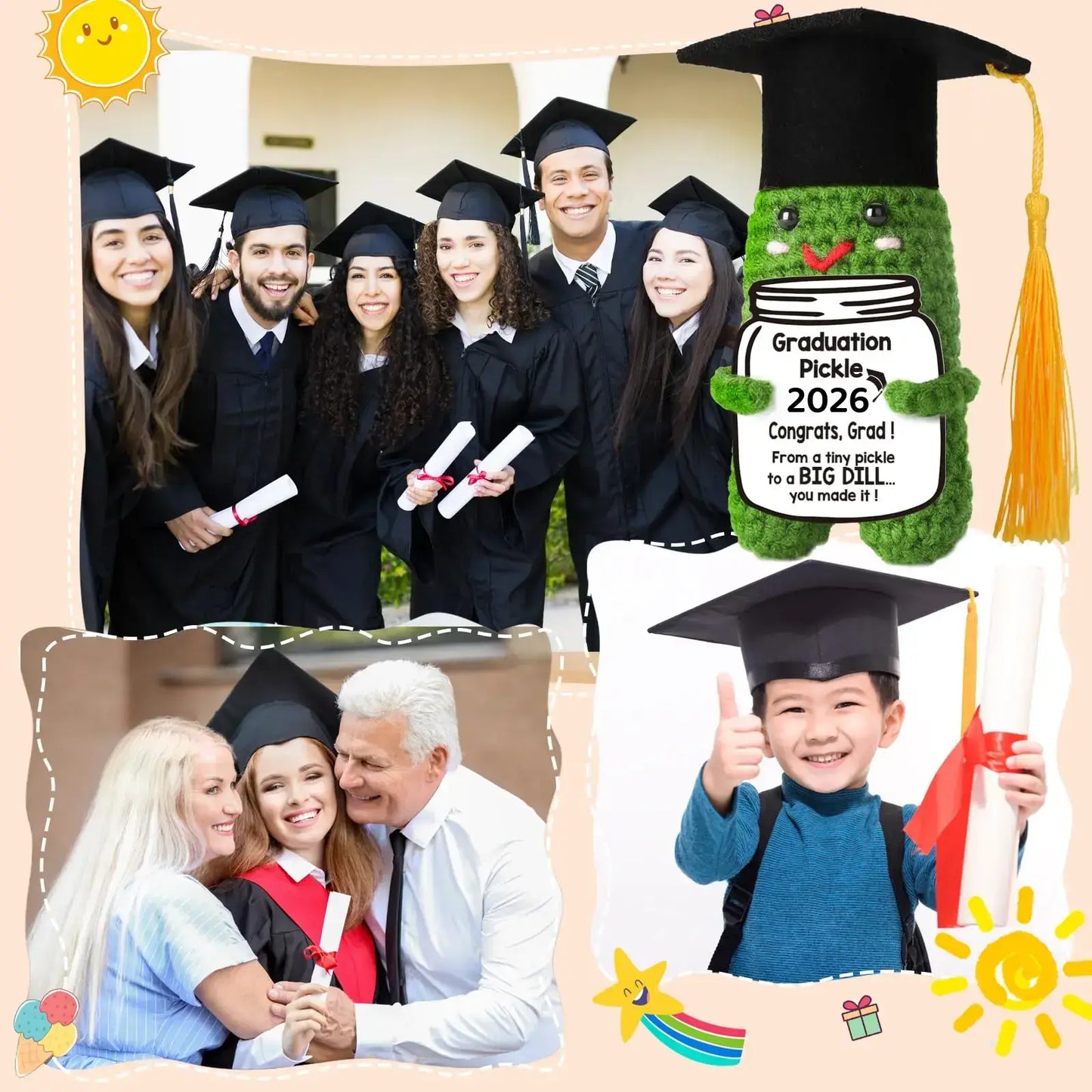 Graduation Pickle Funny Handmade Crochet Grad Gifts for Him Her - Cute Congrats Class of 2026 High School College Graduation Gifts with 5 Color Tassels