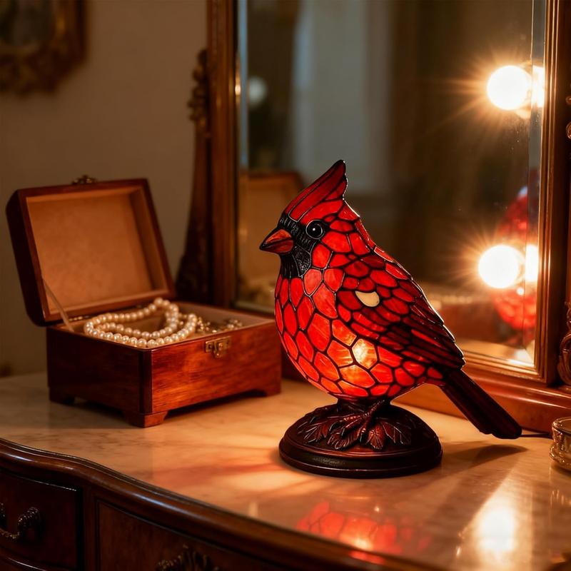 Lámpara Estatuilla de Pájaro Decorativa de Navidad, Luz de Cardenal de Resina Pintada a Mano, Decoración de Hogar para Mesita de Noche, Sala y Dormitorio