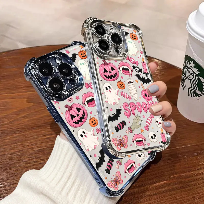 Cute Candy Pumpkin & Ghost Transparent Phone Case for iPhone 17 Pro Max – 4-Corner Anti-Fall Shockproof Cover