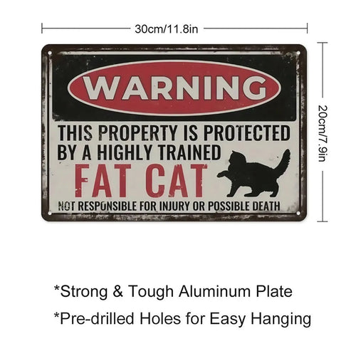 1pc Vintage Fat Cat Warning Metal Tin Sign (8"x12") – Humorous Retro Wall Art for Kitchen & Coffee Shop