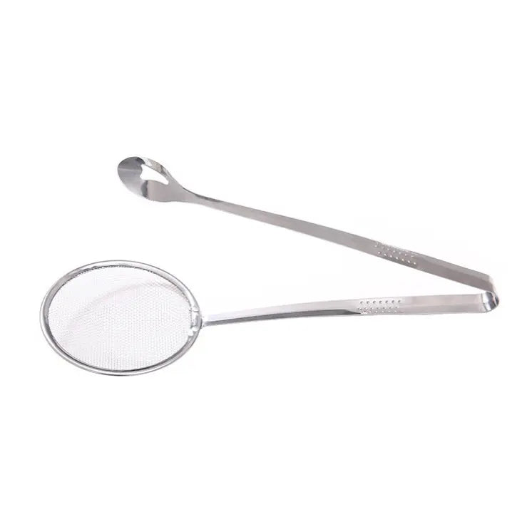 2-in-1 Stainless Steel Strainer Tongs – Fine Mesh Skimmer Spoon Clip for Frying & Hot Pot